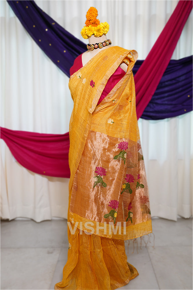 Yellow Handloom Silk Tissue Linen Lotus Paithani Pallu Saree