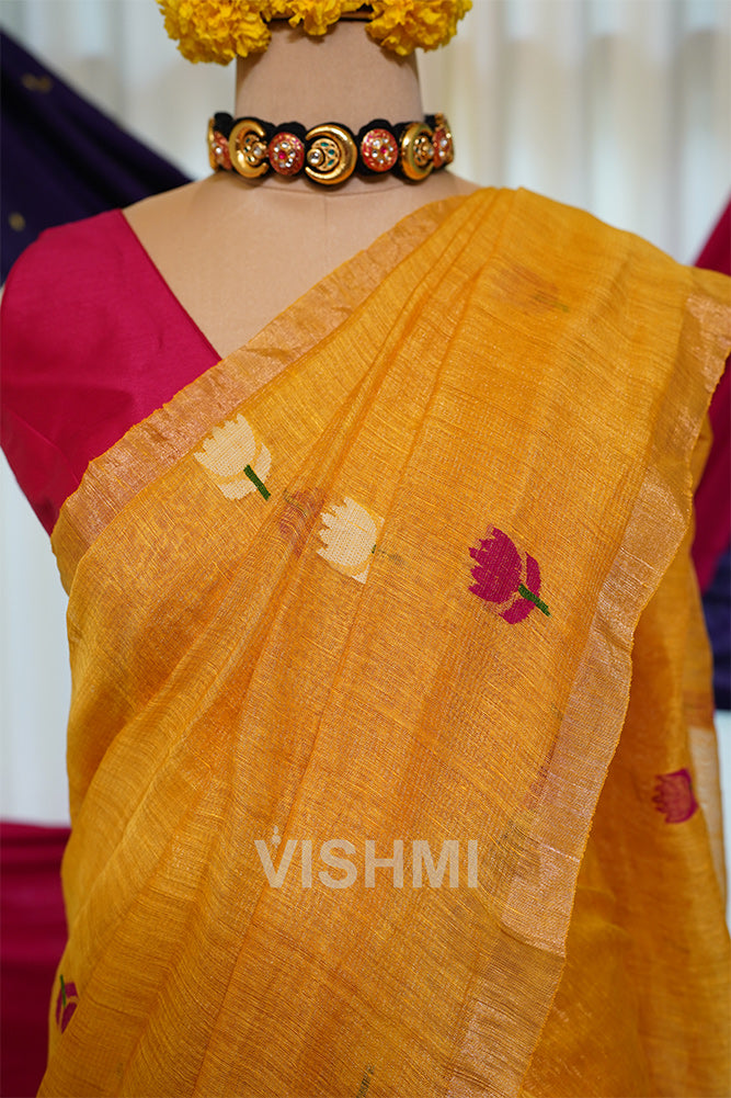 Yellow Handloom Silk Tissue Linen Lotus Paithani Pallu Saree