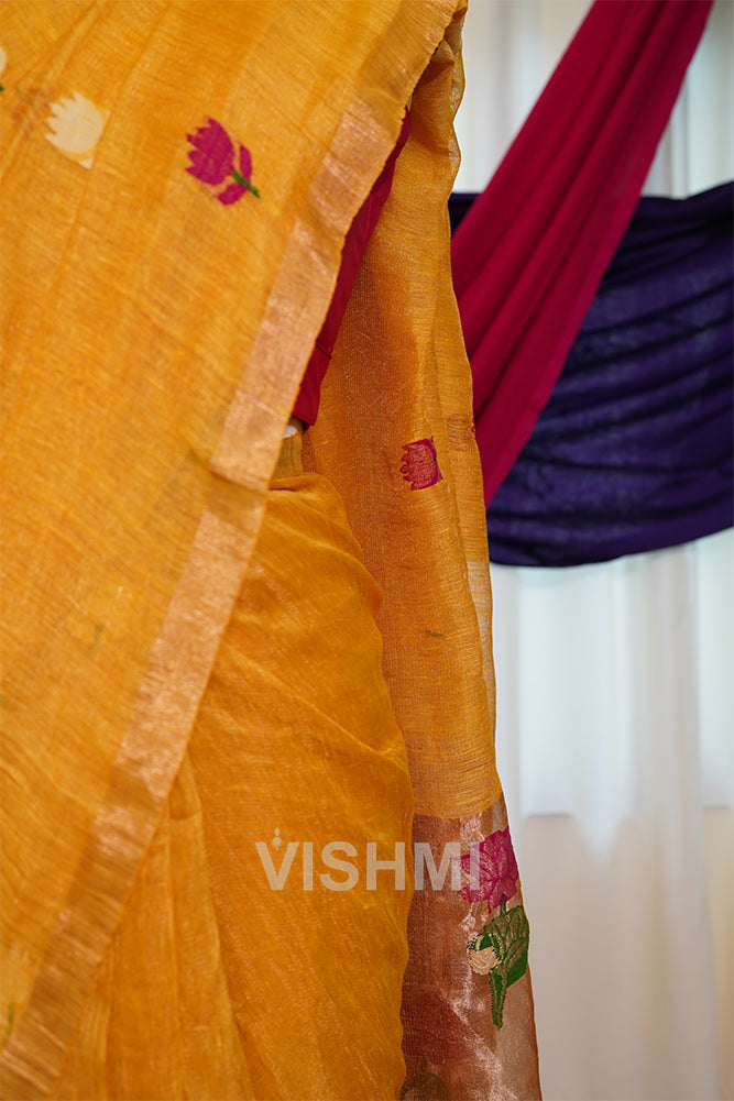 Yellow Handloom Silk Tissue Linen Lotus Paithani Pallu Saree