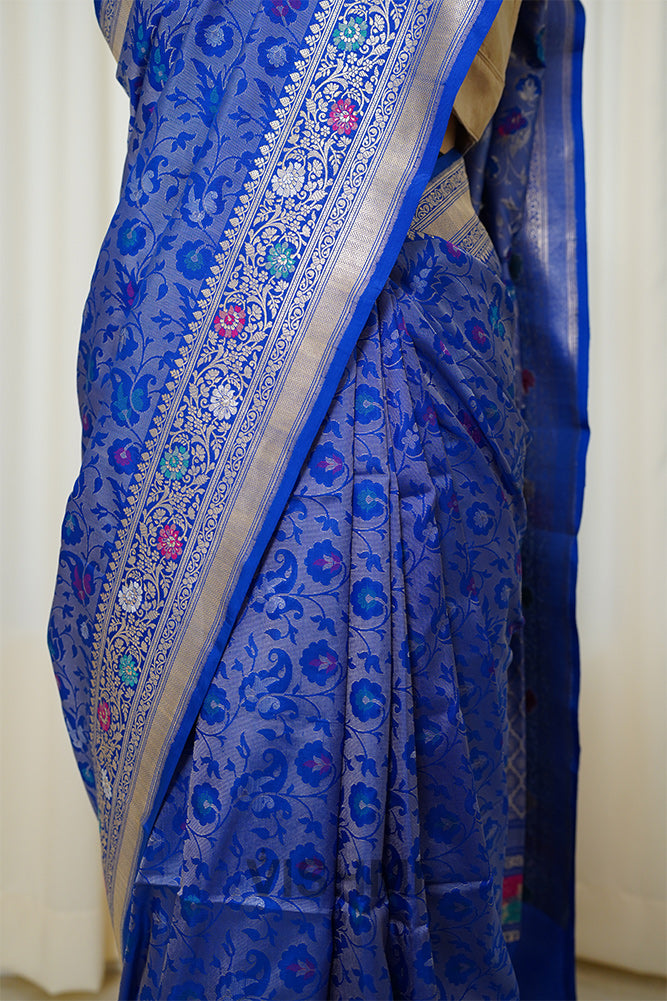 Royal Blue Pure Silk Kadwa Silver Zari Brocade Meenakari Banarasi Saree