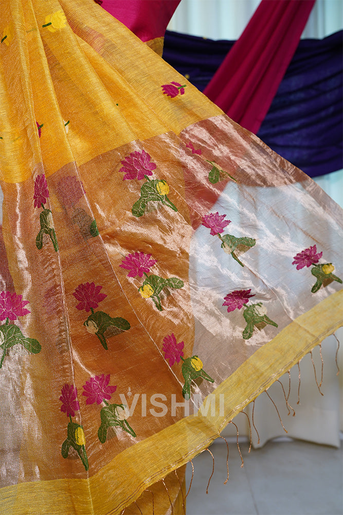 Yellow Handloom Silk Tissue Linen Lotus Paithani Pallu Saree