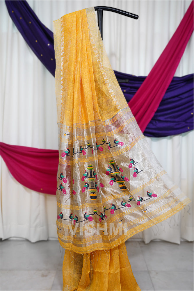Yellow Handloom Silk Tissue Linen Peacock Paithani Pallu Saree