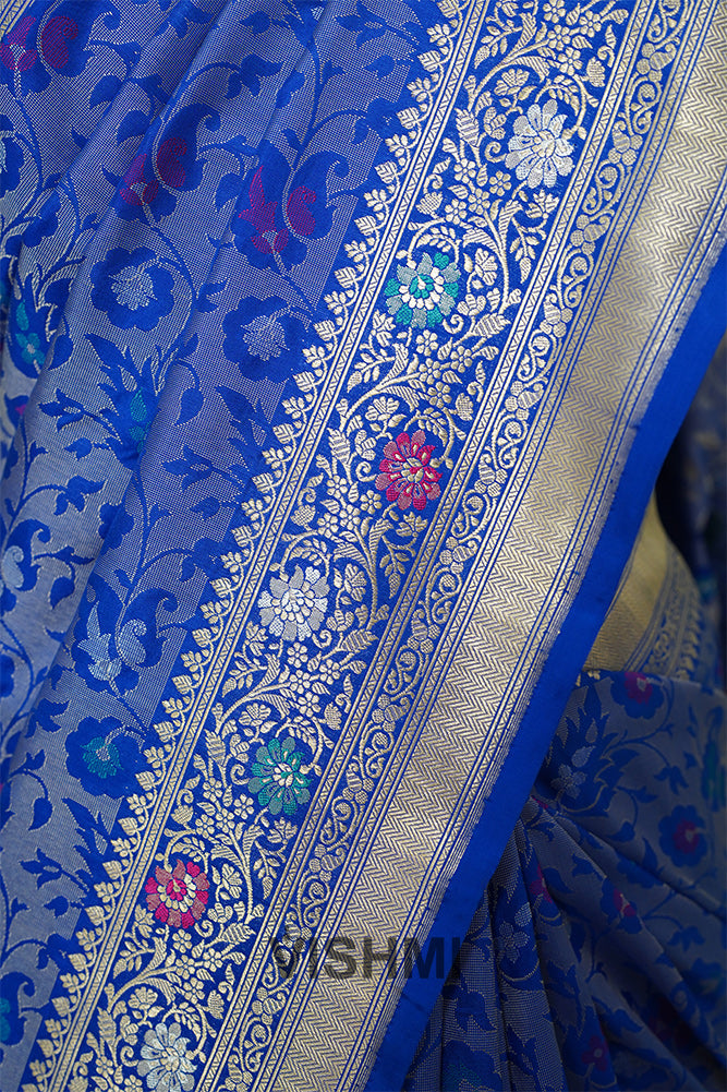 Royal Blue Pure Silk Kadwa Silver Zari Brocade Meenakari Banarasi Saree