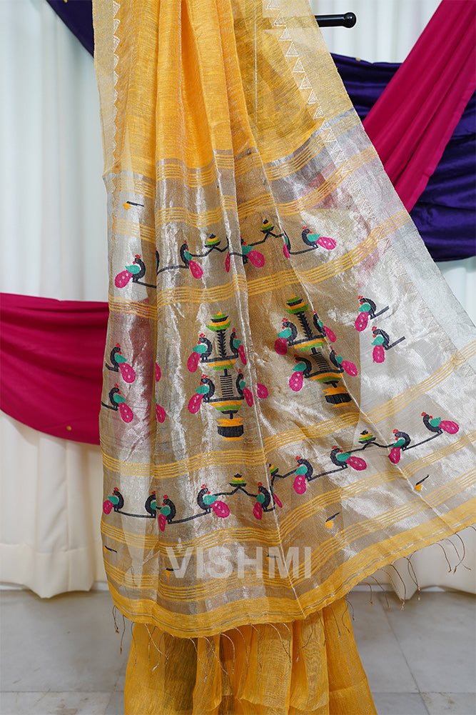 Yellow Handloom Silk Tissue Linen Peacock Paithani Pallu Saree
