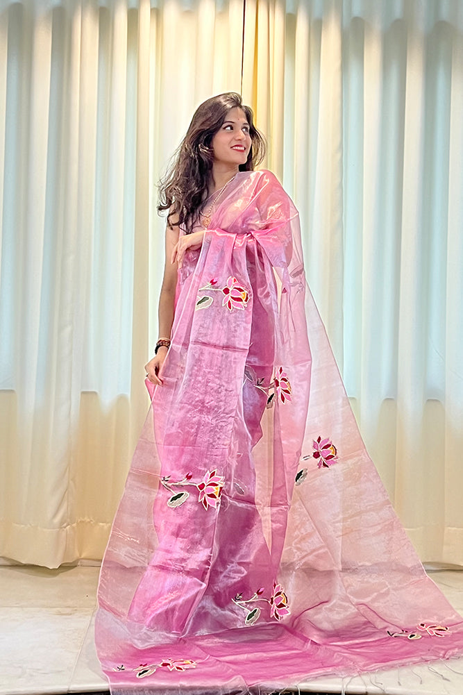 Purple Pure Metallic Muslin Silk Saree with Lotus Hand Embroidery