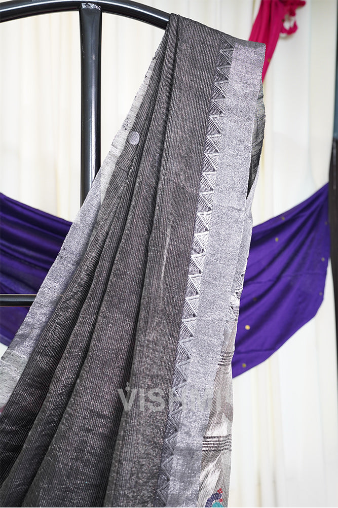 Black Handloom Silk Tissue Linen Peacock Paithani Pallu Saree