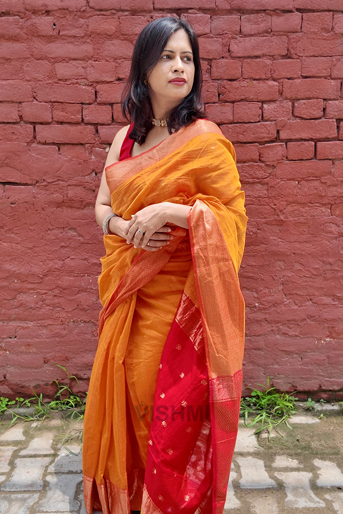 Red and Yellow Maheshwari Zari Butti Handloom Saree
