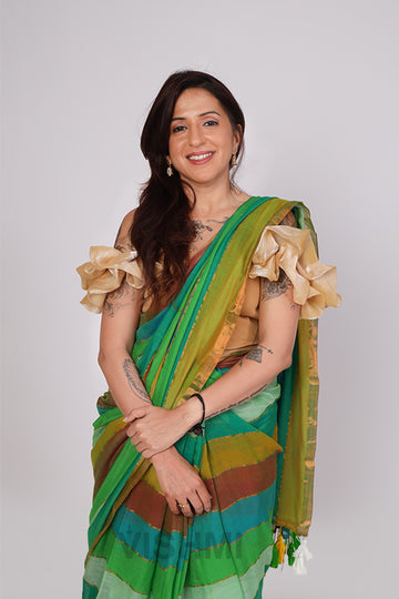 Green Multi Colour Stripe Mul Collection Saree