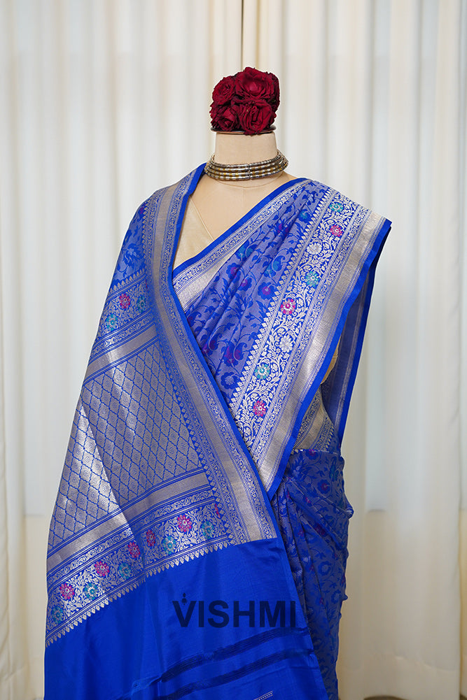 Royal Blue Pure Silk Kadwa Silver Zari Brocade Meenakari Banarasi Saree