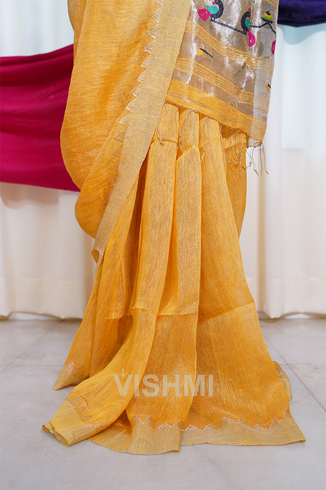Yellow Handloom Silk Tissue Linen Peacock Paithani Pallu Saree