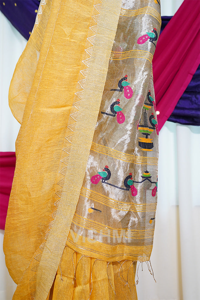 Yellow Handloom Silk Tissue Linen Peacock Paithani Pallu Saree