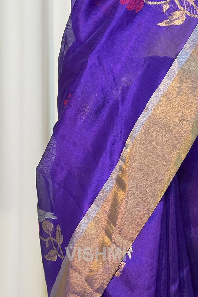 Royal Blue Chanderi Pure Silk Bird Motif Saree