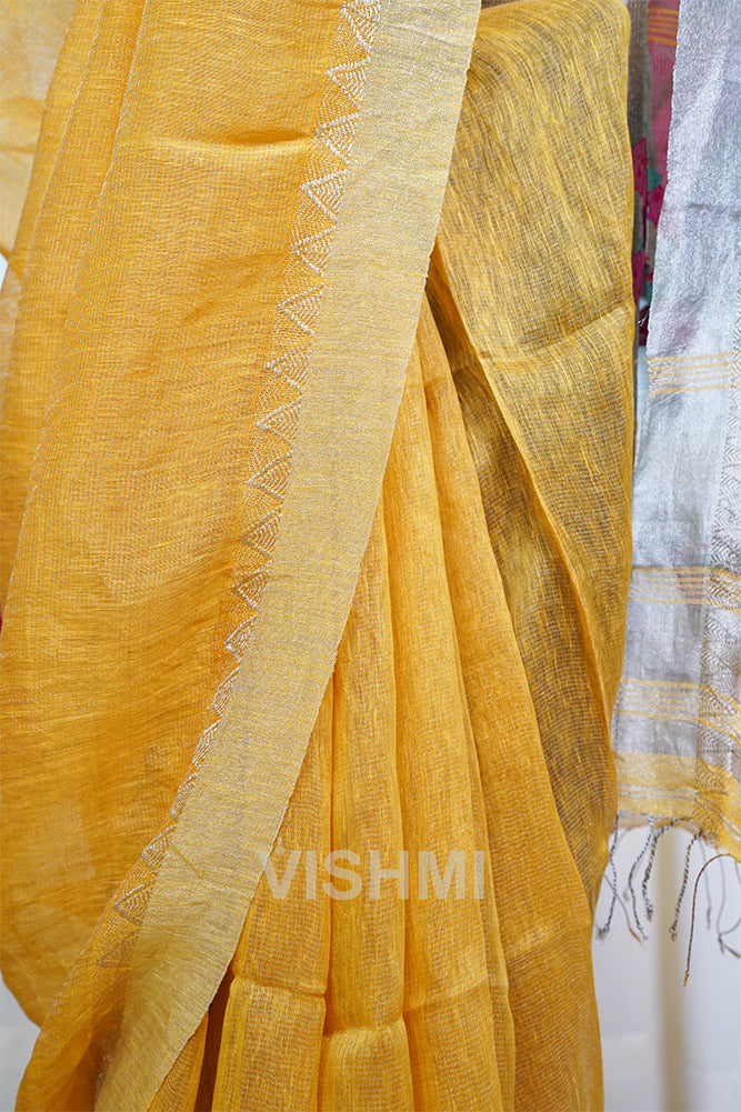 Yellow Handloom Silk Tissue Linen Peacock Paithani Pallu Saree