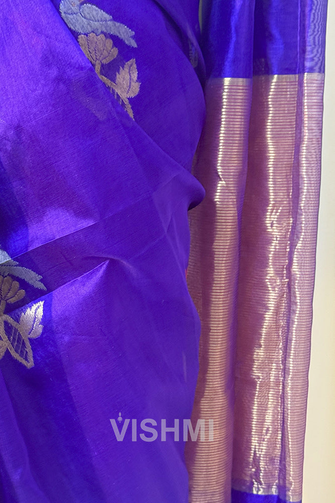 Royal Blue Chanderi Pure Silk Bird Motif Saree