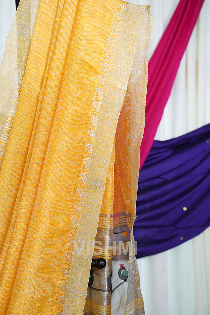 Yellow Handloom Silk Tissue Linen Peacock Paithani Pallu Saree