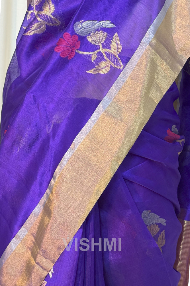 Royal Blue Chanderi Pure Silk Bird Motif Saree