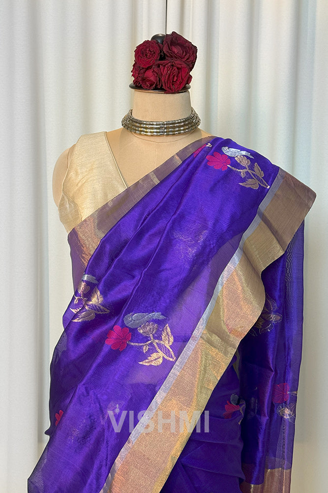 Royal Blue Chanderi Pure Silk Bird Motif Saree