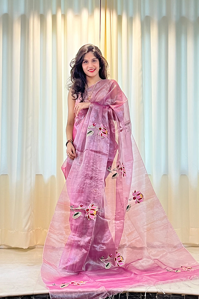 Purple Pure Metallic Muslin Silk Saree with Lotus Hand Embroidery