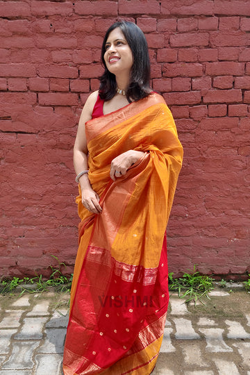 Red and Yellow Maheshwari Zari Butti Handloom Saree