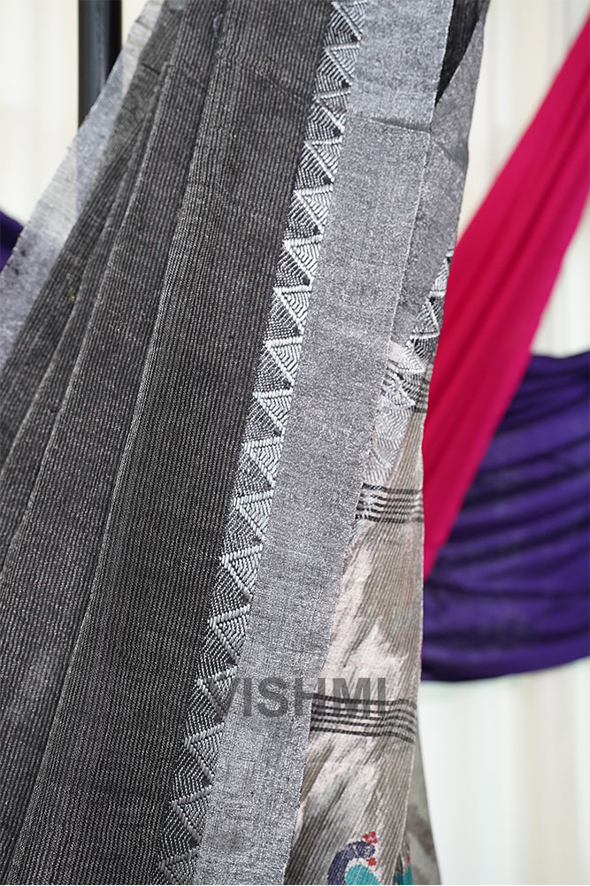 Black Handloom Silk Tissue Linen Peacock Paithani Pallu Saree