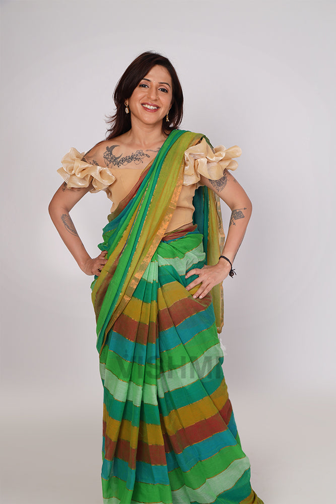 Green Multi Colour Stripe Mul Collection Saree
