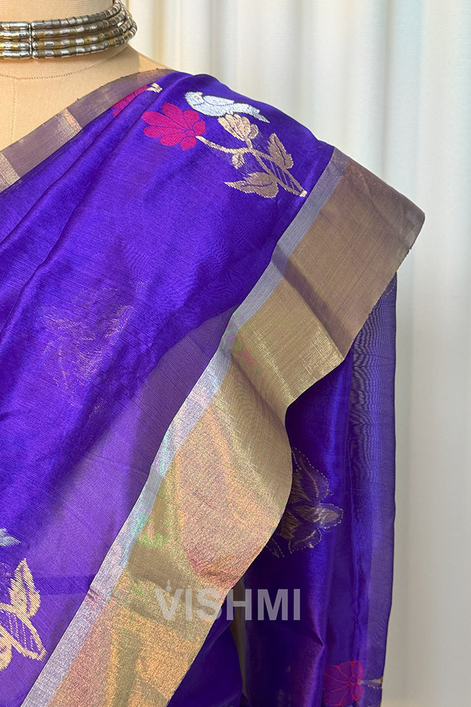 Royal Blue Chanderi Pure Silk Bird Motif Saree