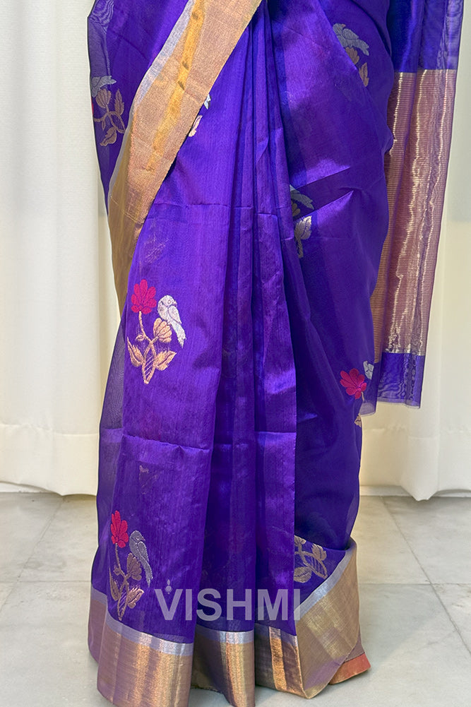Royal Blue Chanderi Pure Silk Bird Motif Saree