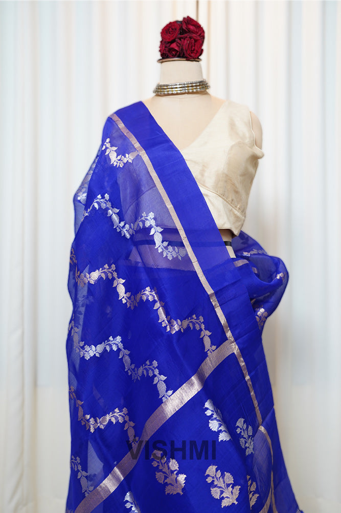 Royal Blue Kora Pure Silk Kadwa Banarasi Saree