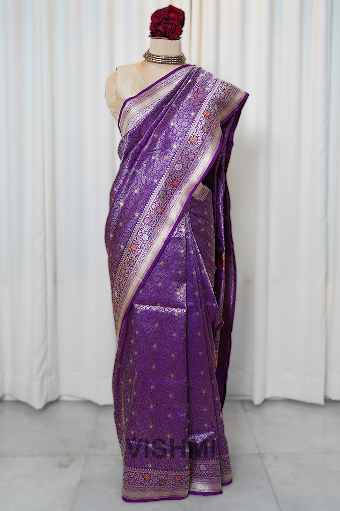 Royal Purple Pure Silk Kadwa Gold Zari Brocade Meenakari Banarasi Saree