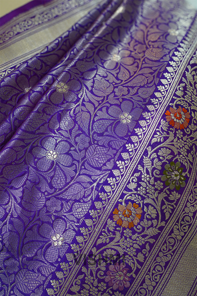 Royal Purple Pure Silk Kadwa Gold Zari Brocade Meenakari Banarasi Saree