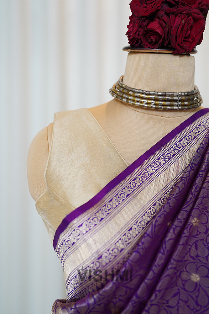Royal Purple Pure Silk Kadwa Gold Zari Brocade Meenakari Banarasi Saree