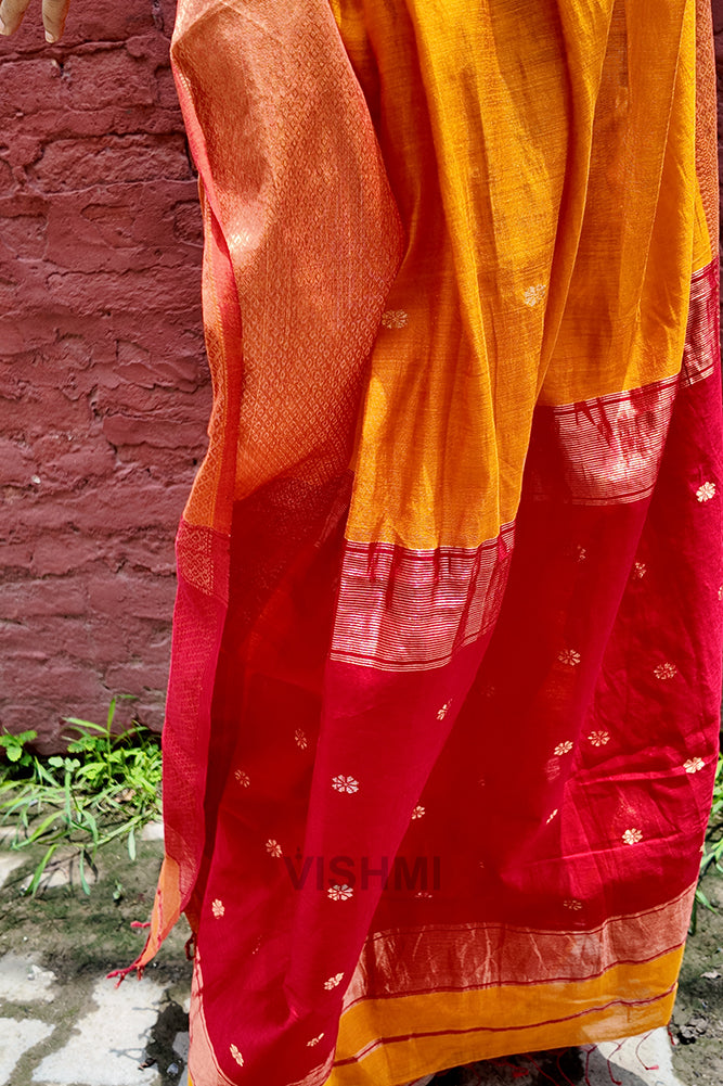 Red and Yellow Maheshwari Zari Butti Handloom Saree