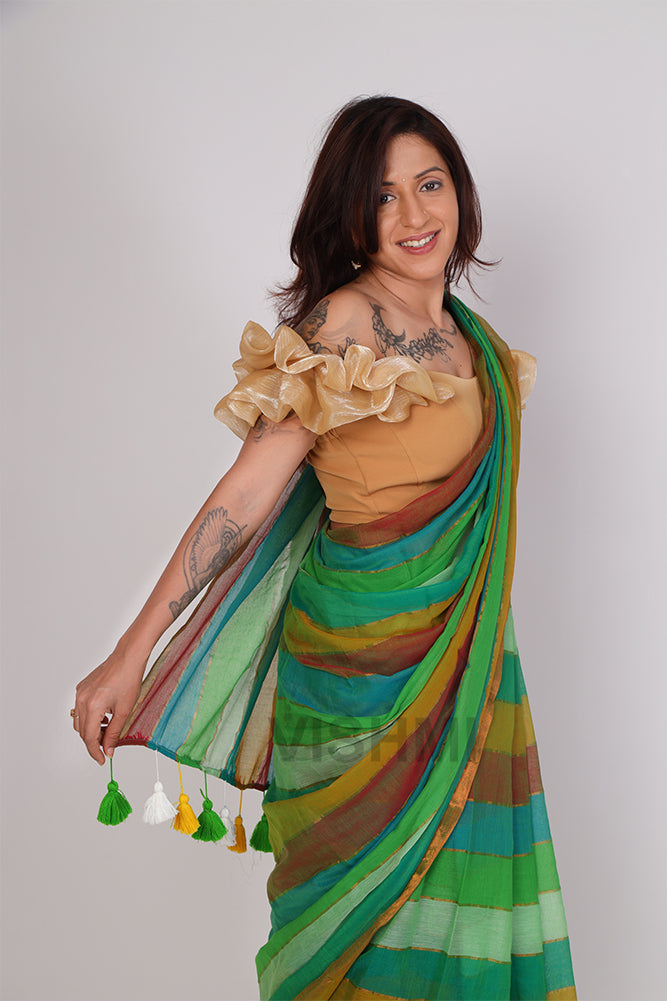 Green Multi Colour Stripe Mul Collection Saree