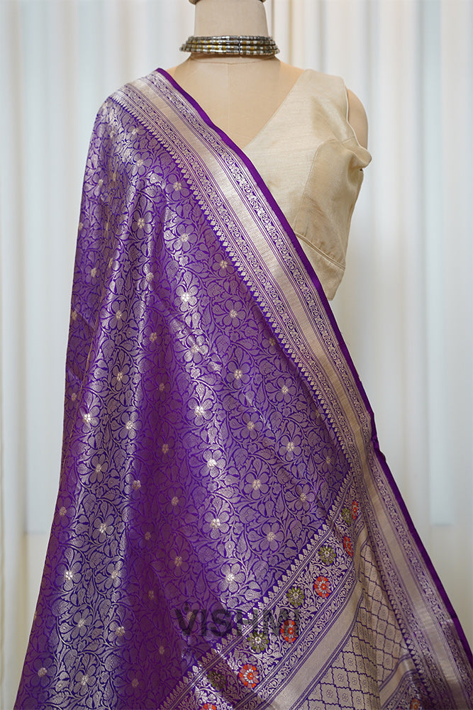 Royal Purple Pure Silk Kadwa Gold Zari Brocade Meenakari Banarasi Saree