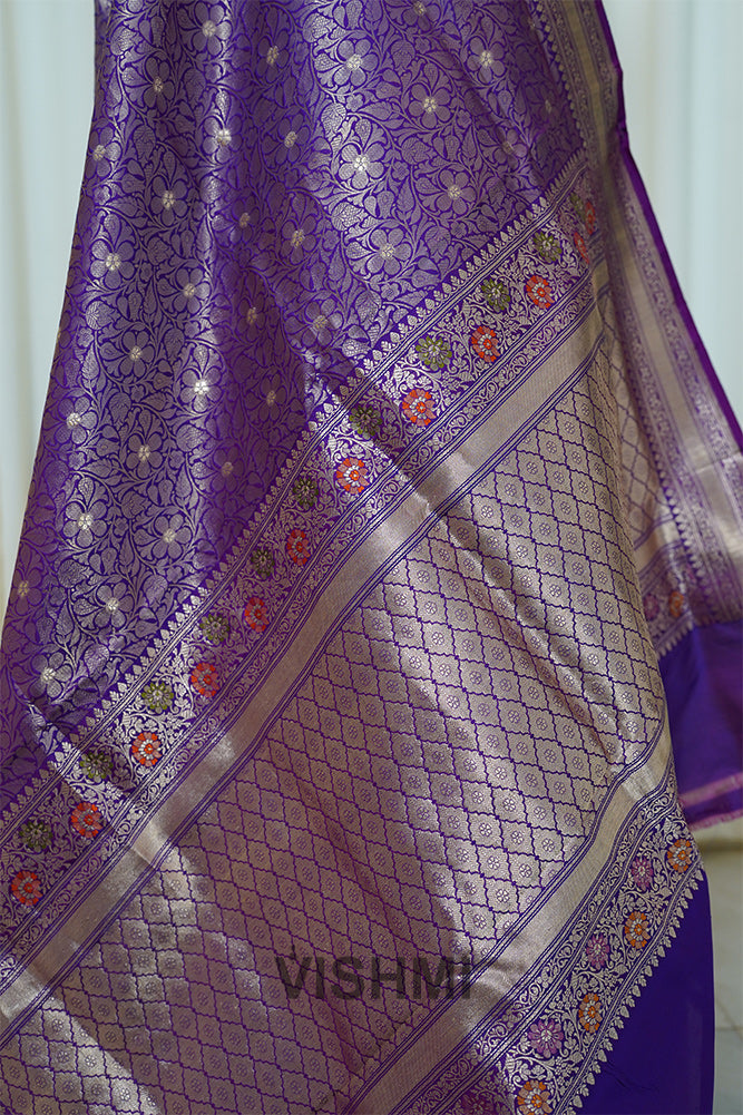Royal Purple Pure Silk Kadwa Gold Zari Brocade Meenakari Banarasi Saree