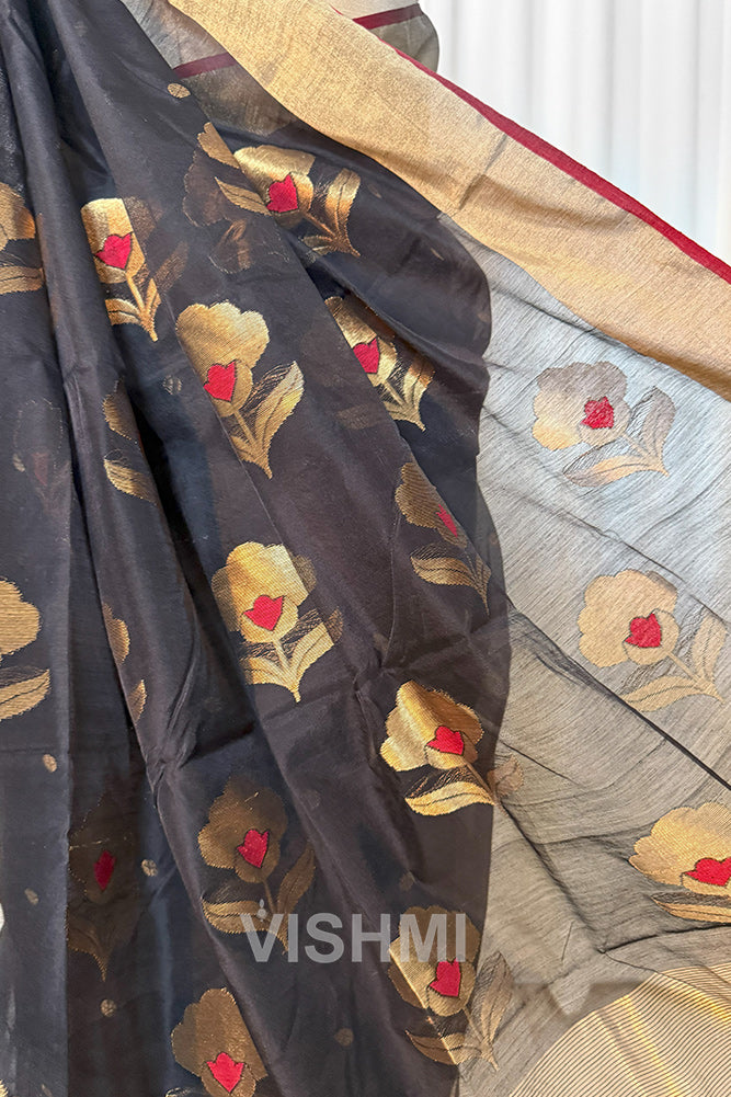 Black Handloom Chanderi Silk Cotton Saree