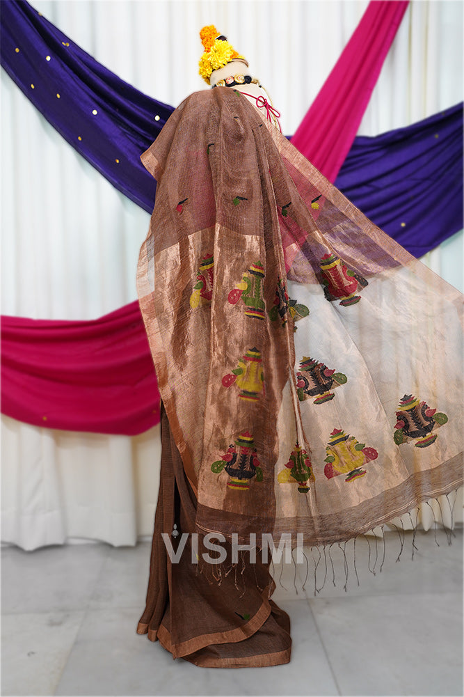 Brown Handloom Silk Tissue Linen Peacock Paithani Pallu Saree