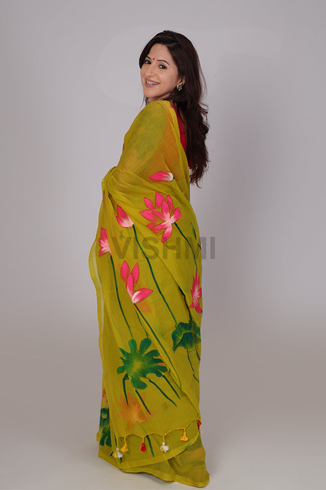Mustard Yellow Mul Cotton Lotus HandPainted Saree