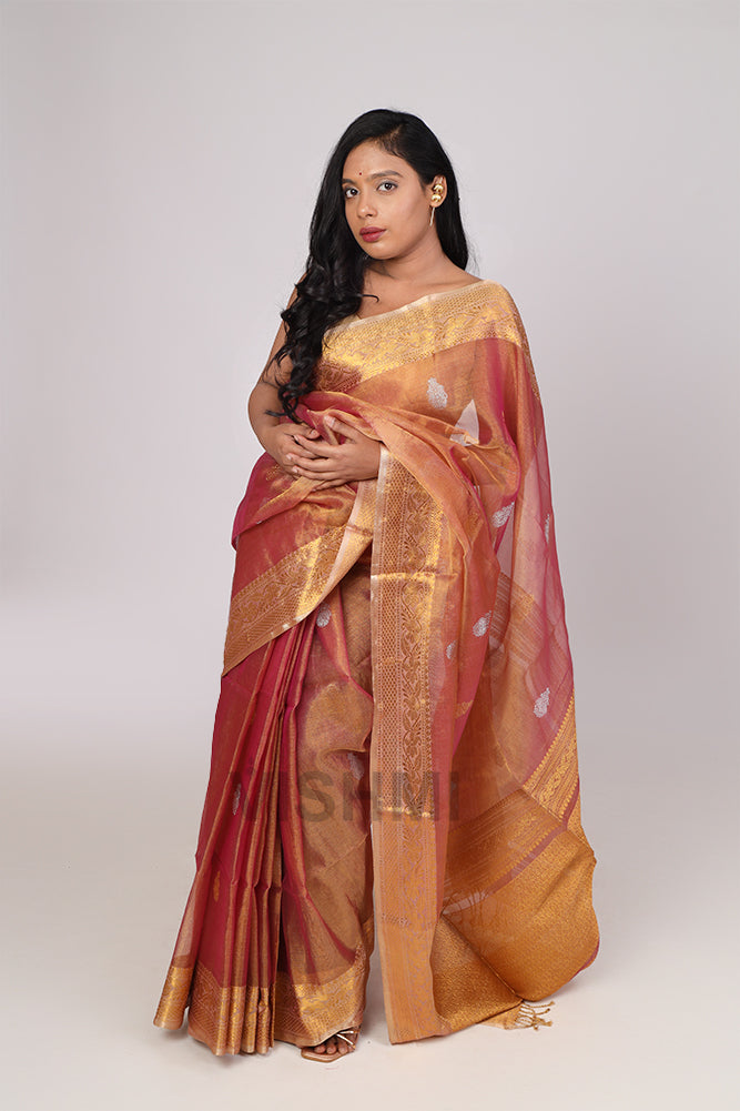 Rose Gold Handloom Metallic muslin banarasi Saree