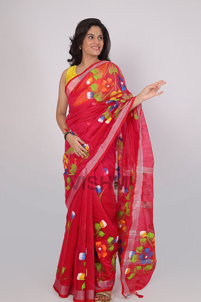 Red Zari border Floral HandPainted Saree