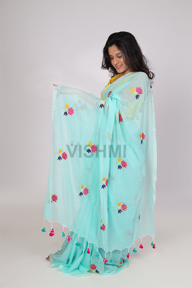 Turquoise Lotus Mul Saree