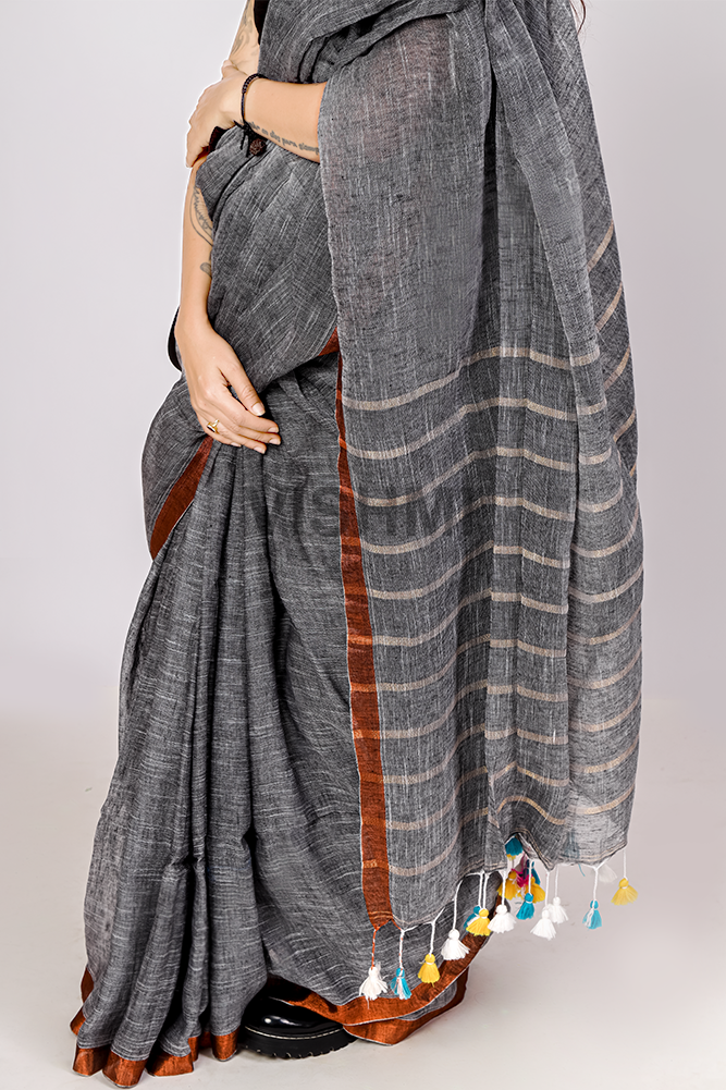 Grey Handloom Plain Linen Saree