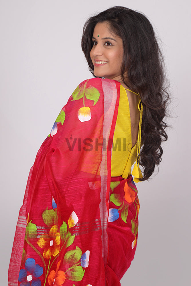 Red Zari border Floral HandPainted Saree