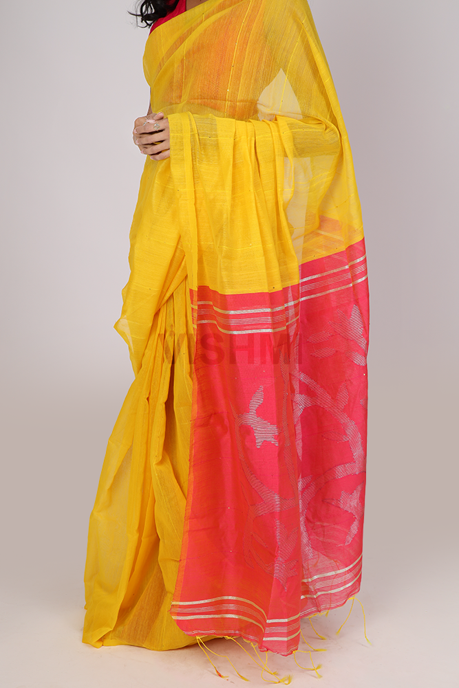 Yellow and Pink Jamdani Pallu Saree