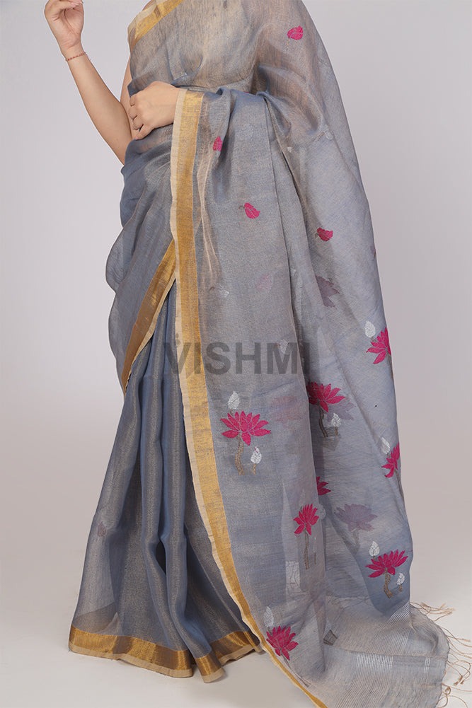 Lotus bluish grey Handloom Tissue Linen Saree