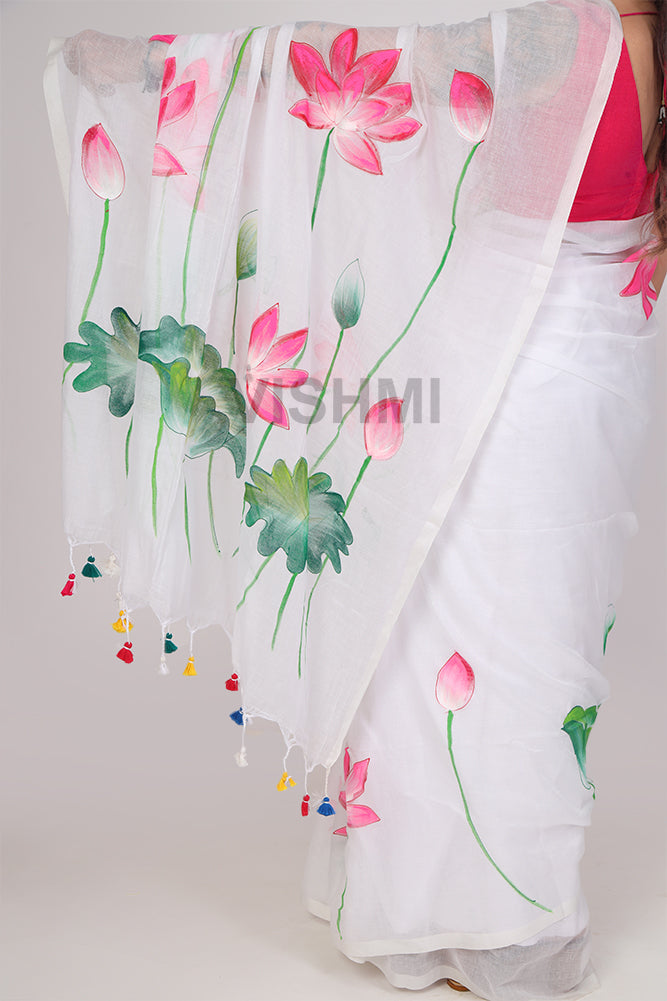 White Mul Cotton Lotus HandPainted Saree