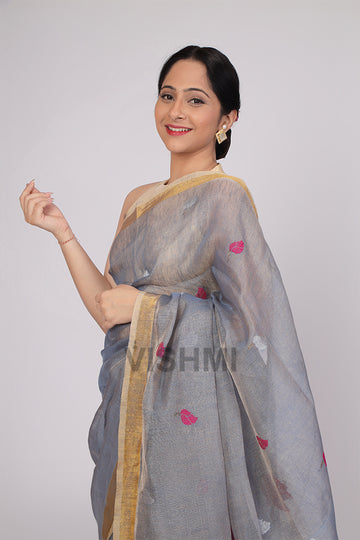 Lotus bluish grey Handloom Tissue Linen Saree