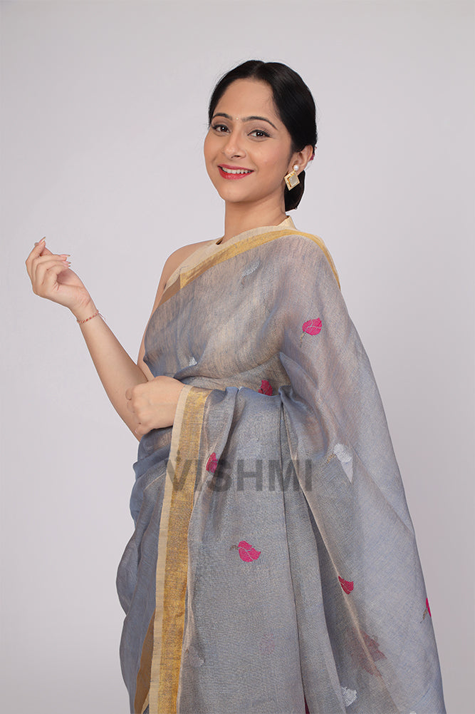 Lotus bluish grey Handloom Tissue Linen Saree
