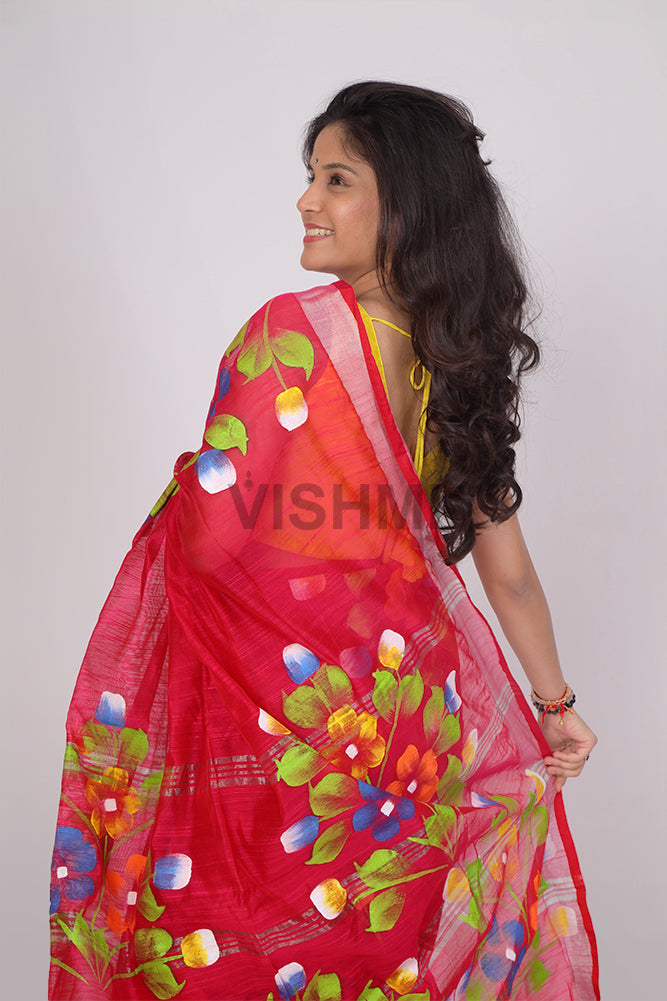 Red Zari border Floral HandPainted Saree