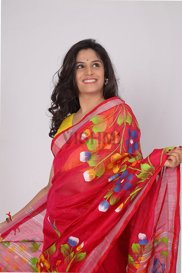 Red Zari border Floral HandPainted Saree